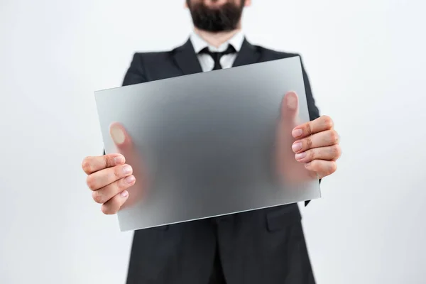 Man Holding Blank Placard Representing Business Advertisement — Φωτογραφία Αρχείου