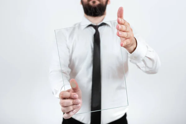 Businessman Wearing Necktie Showing Placard Advertisement — Φωτογραφία Αρχείου