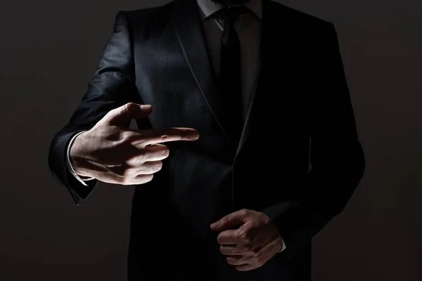 Businessman Suit Pointing One Finger Important Message — Stockfoto