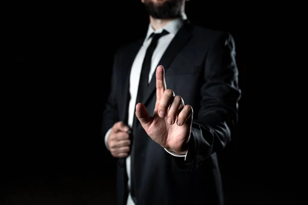 Businessman Pointing Important Infortmations One Finger — Zdjęcie stockowe