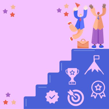 Teamworkers Celebrating Great Success On Top Of Staircase.