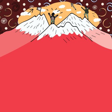 Altında Adamların Dağların Üzerinde Karla Yürüyüşü Mesajı Sunuluyor.