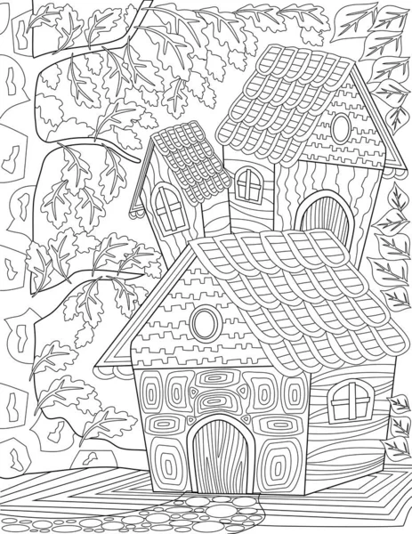 Розмальовка Сторінка Книги Будинками Дерев Яними Дверима Лісі Поруч Великим — стоковий вектор