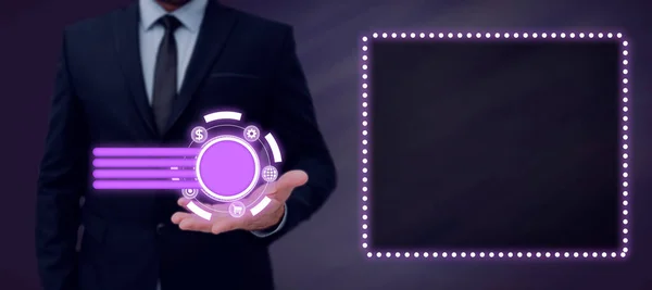 Man Suit Presenting Hand Digital Symbols Business — Stockfoto