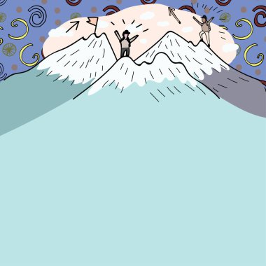 Altında Adamların Dağların Üzerinde Karla Yürüyüşü Mesajı Sunuluyor.