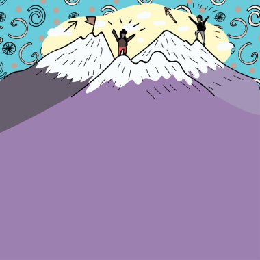 Altında Adamların Dağların Üzerinde Karla Yürüyüşü Mesajı Sunuluyor.