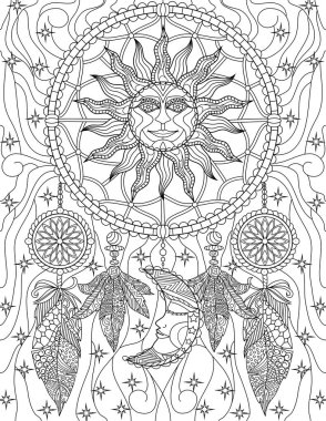 Coloring Book Page With Dreamcatcher With Sun And Moon Details.
