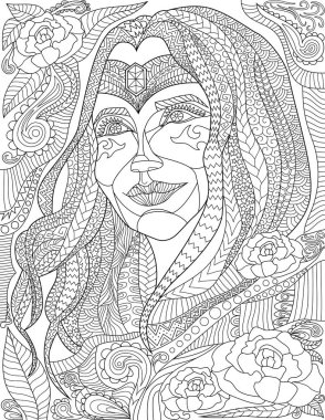 Coloring Page With Detailed Beautiful Woman Face With Jewelry On Forehead.