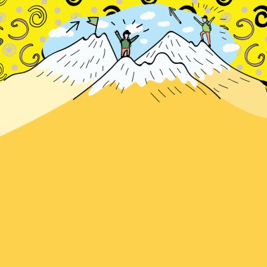 Altında Adamların Dağların Üzerinde Karla Yürüyüşü Mesajı Sunuluyor.