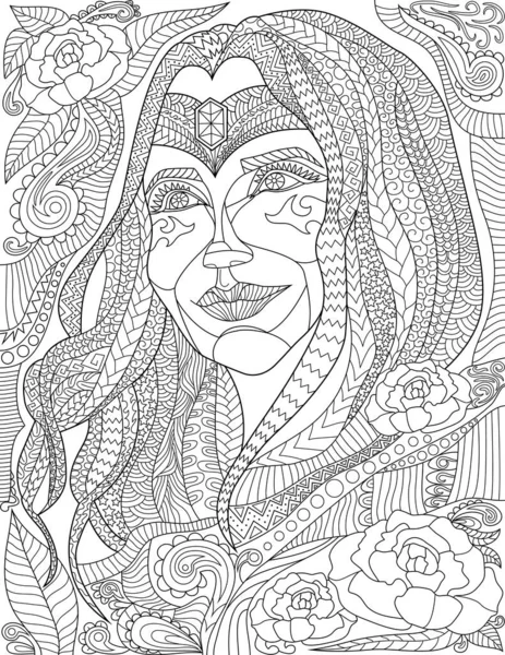 Coloring Page Detailed Beautiful Woman Face Jewelry Forehead —  Vetores de Stock