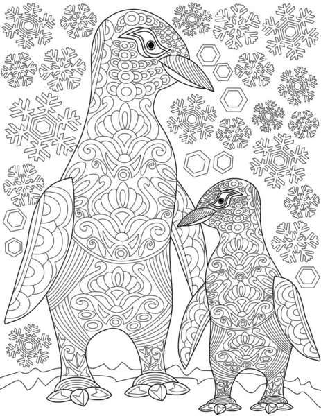 Coloring Page Walking Mother Kid Penguin Snowflakes Back — Stock vektor
