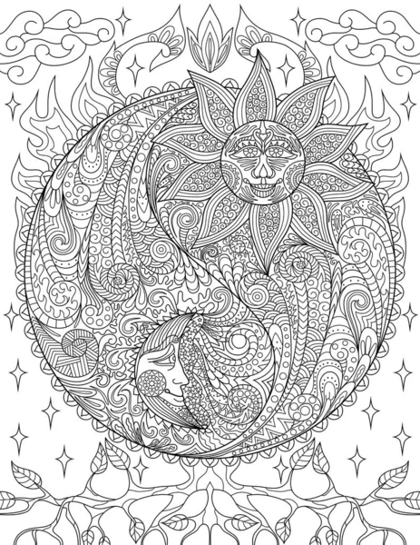 Coloring Page Yin Yang Symbols Sun One Side Moon Other — Vector de stock