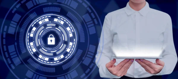 Woman Holding Tablet Digital Lock Presenting Network Security — ストック写真