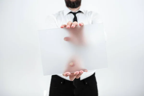 Man Holding Placard Presenting Marketing Strategies Development — Φωτογραφία Αρχείου