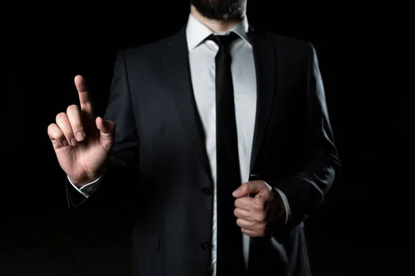 Businessman Suit Pointing One Finger Important Message — 스톡 사진