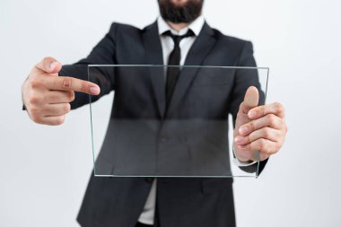 Businessman Holding Transparent Glass And Promoting The Company Brand.