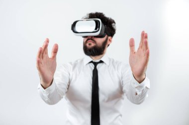 Man Wearing Vr Glasses Andpresenting Important Messages Between Hands.