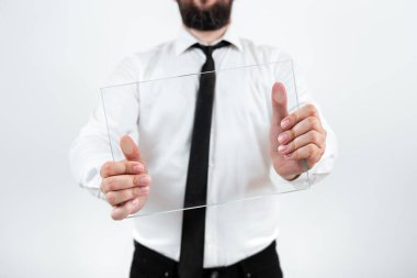 Businessman Wearing Necktie Showing Placard For Advertisement.