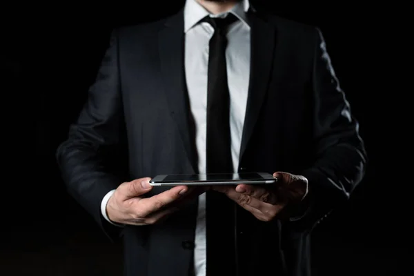 Businessman Holding Tablet Both Hands Presenting Important Data — Stock fotografie