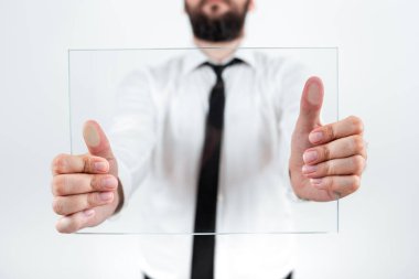Businessman Wearing Necktie Showing Placard For Advertisement.