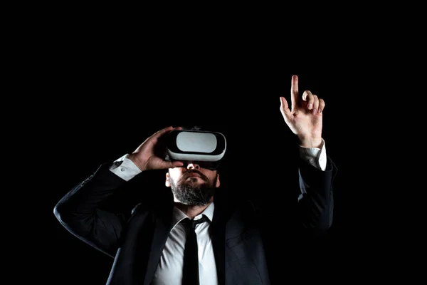 Man Wearing Virtual Reality Simulator Raising Hand Training — Photo
