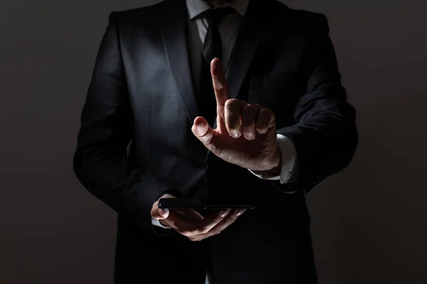 Man Holding Tablet Pointing One Finger Important Message — Φωτογραφία Αρχείου