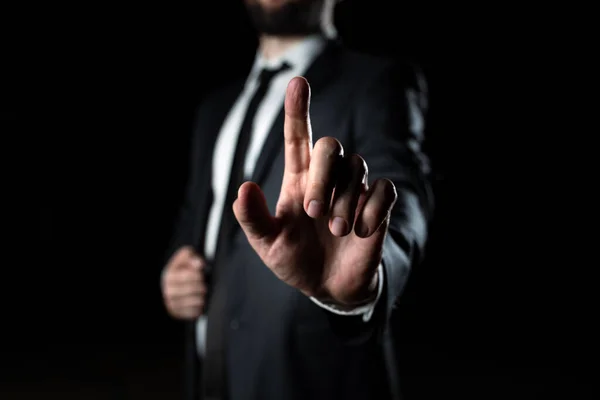 Businessman Pointing Important Infortmations One Finger — Zdjęcie stockowe