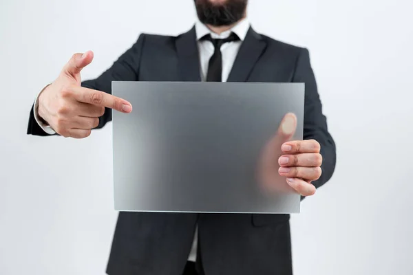 Man Pointing Blank Placard Representing Business Advertisement — Φωτογραφία Αρχείου