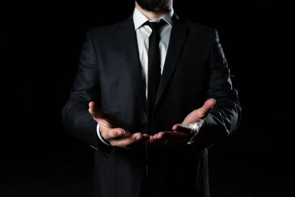 Businessman Suit Holding New Important Message Both Hands — Stock fotografie