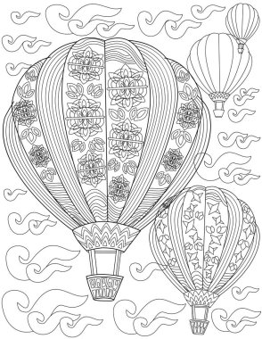 Coloring Book Page With Hot Air Balloons With Floral Designs Flying In Sky.