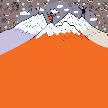 Altında Adamların Dağların Üzerinde Karla Yürüyüşü Mesajı Sunuluyor.