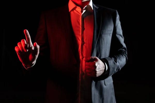 Businessman Suit Pointing One Finger Important Message —  Fotos de Stock