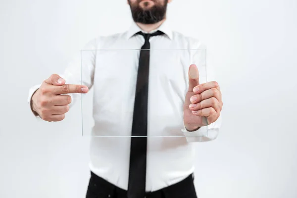 Businessman Pointing Glass Showing New Ideas Achieve Goals — Φωτογραφία Αρχείου