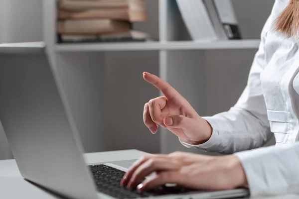 Woman Typing Updates Lap Top Pointing New Ideas One Finger — Stock fotografie