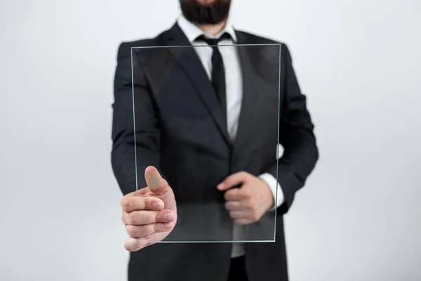 Businessman Pointing Transparent Glass Promoting Brand — Φωτογραφία Αρχείου