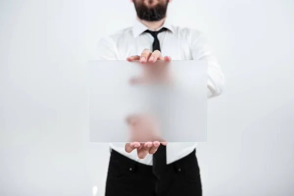 Man Holding Placard Presenting Marketing Strategies Development — Φωτογραφία Αρχείου