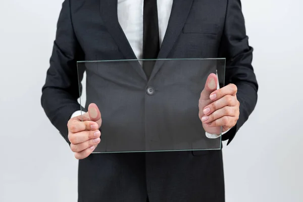 Businessman Holding Transparent Glass Promoting Company Brand — Foto Stock