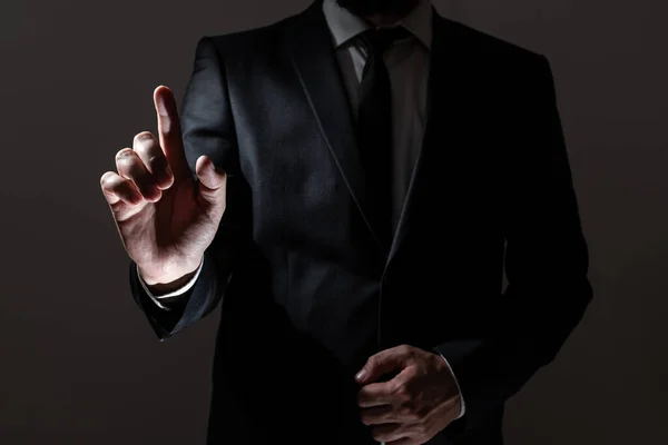 Businessman Suit Pointing One Finger Important Message — Φωτογραφία Αρχείου