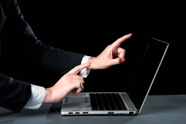 Businesswoman Pointing With Two Fingers Important News On Lap Top Screen.