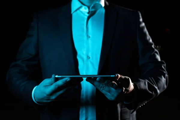 Businessman Holding Tablet Both Hands Presenting Important Data — Zdjęcie stockowe