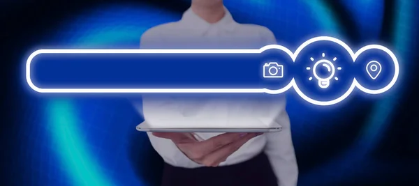 Woman Pad Showing Digital Signs Light Bulb Data — Stock Fotó
