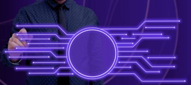 Businessman Holding A Pen With Glowing Lines Frame Making A Presentation.