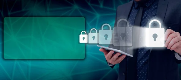 Man Pen Pointing Digital Lock Introducing Cyber Security — Stockfoto