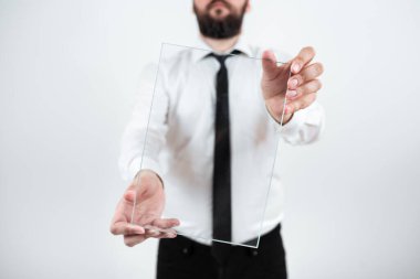 Businessman Wearing Necktie Showing Placard For Advertisement.