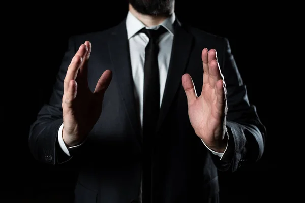 Businessman Suit Holding New Important Message Hands — Zdjęcie stockowe