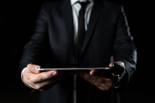 Businessman Holding Tablet Both Hands Presenting Important Data —  Fotos de Stock