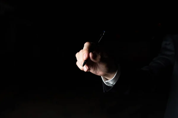 Businessman Pointing Important Informations Pen Hand — Zdjęcie stockowe