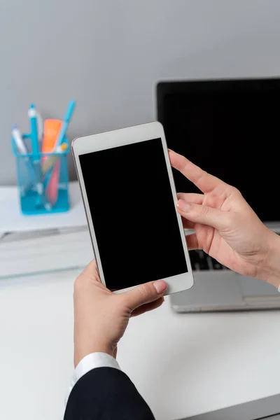 Sitting Businesswoman Holding Mobile Phone Important Messages — 스톡 사진