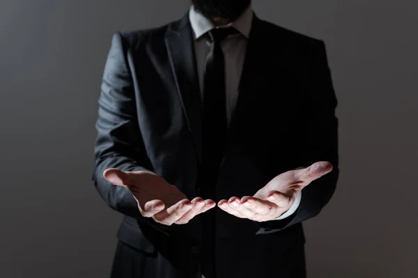 Businessman Suit Holding Important Informations Hands — Foto Stock