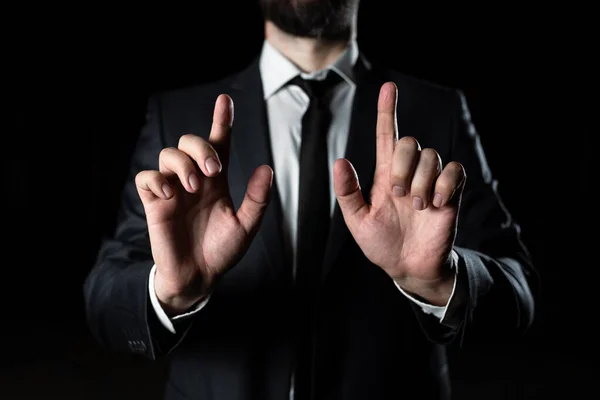 Businessman Pointing Crutial Informations Two Fingers — Stock fotografie